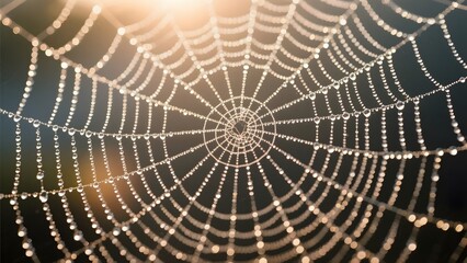 Obraz premium Dew-Drenched Spider Web Illuminated by Soft Light