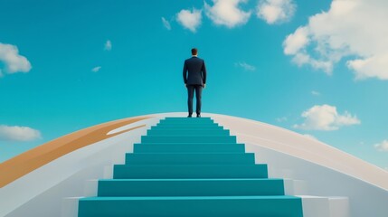 Back View Businessman standing on top of stairs looking at blue sky, concept of success