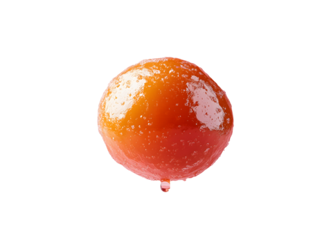 A single round vibrant orange red peeled fruit or sweet glistening with syrupy liquid and a drip transparent background