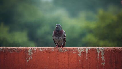 Obraz premium A bird resting atop a red cement wall against a soft-focused green foliage background.