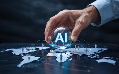 Vector art of hand holding a globe with ai on it, representing artificial intelligence and global connectivity