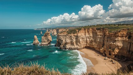 Obraz premium Elevated shot showcasing breathtaking stone cliffs along the shoreline