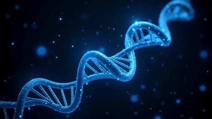 Dynamic blue DNA strand spinning against black background in a scientific simulation video - Powered by Adobe