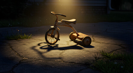 Forgotten memories old tricycle casting long shadow on cracked pavement night scene