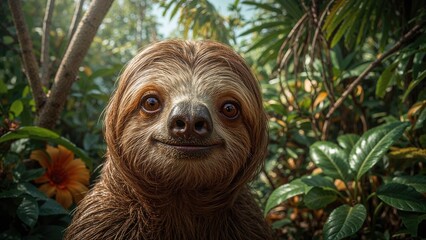 Fototapeta premium Detailed portrait of a sloth amidst lush greenery