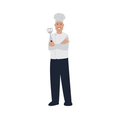 Kitchen staff worker posing on white background: confident chef holding a spatula and standing with arms crossed