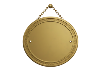 Circular brass hanging nameplate with chain and embossed border isolated on transparent background