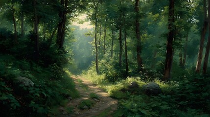 Obraz premium Sunlight filters through dense forest.