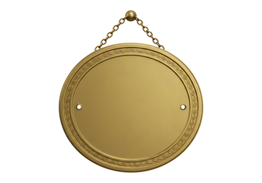 Circular brass hanging nameplate with chain and embossed border isolated on transparent background