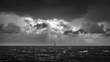 Monochrome Scene of a Small Boat Sailing Under a Threatening Storm