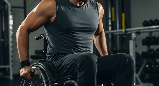Man in wheelchair participating in physical therapy, gym equipment and parallel bars in background, strong look of determination,