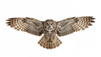 Bubo bubo turcomanus owl in flight, captured head-on with a clean white background.
