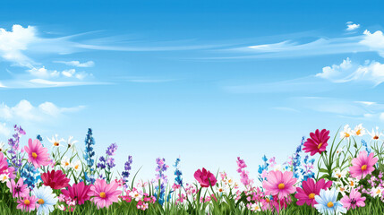 Colorful Flower Field Under Bright Blue Sky with Cloudy Background
