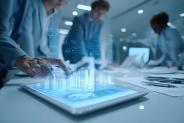 Business professionals working on a tablet with holographic charts in a modern office.