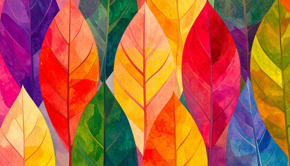 A digital collage autumn background made of large, colorful tree leaves in various shapes and species, arranged in an abstract and artistic layout. The leaves are vividly colored.