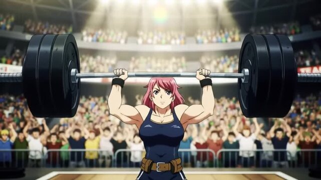 An illustrated muscle wolf cartoon showing a triumphant female athlete lifting a heavy barbell during a powerlifting championship in a crowded arena.