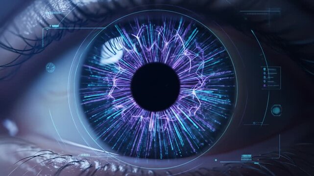 Macro View of Human Eye with Futuristic Digital Overlay Technology in shades of Blue and Purple color