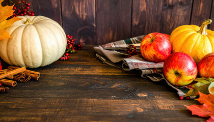 Cozy fall harvest background with pumpkins, apples, cinnamon sticks, and plaid blankets on a rustic wooden table, warm lighting, farmhouse style, perfect for Thanksgiving or seasonal recipe blogs.