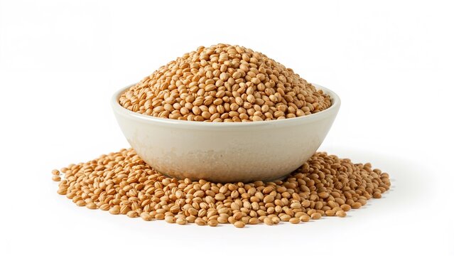 A bowl containing organic barley placed over a stack of wheat grains, displayed on a white background.