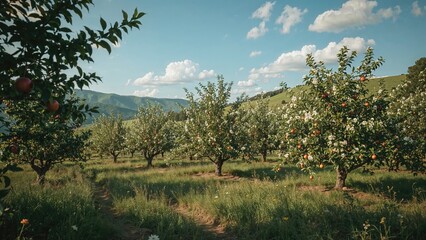 Summer scenery in a rural area with apple-laden trees