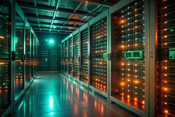 Dark server room with glowing green lights illuminating the hardware racks. A secure, professional IT environment reflecting modern digital infrastructure and cybersecurity