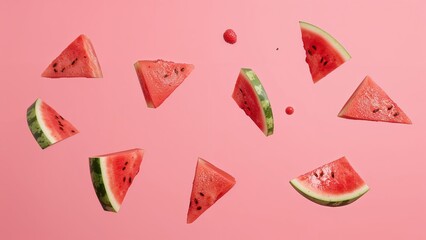 Slices of fresh watermelon hover against a vibrant pink backdrop with seasonal berries. Celebrate Watermelon Day on August 3 with modern minimalist dishes.