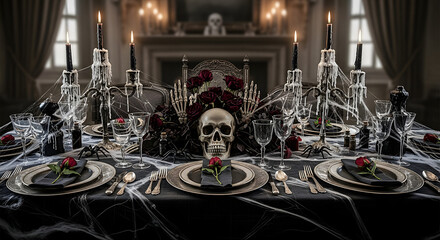Eerie and Elegant: A Darkly Opulent Halloween Table Setting with macabre details