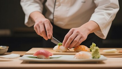Chef meticulously preparing sushi with precision and care