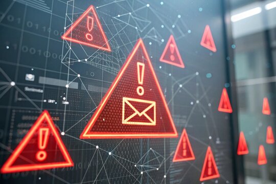 Server room display showing cybersecurity alerts and warnings of a potential attack