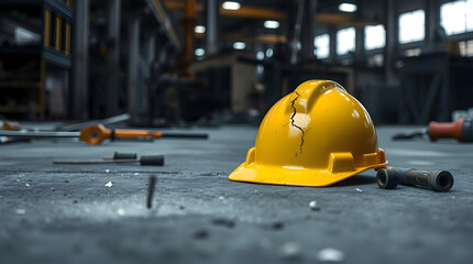 Cracked yellow hardhat lying on factory floor symbolizing workplace accident