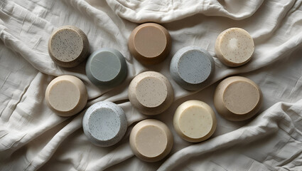 Balanced flatlay composition of handmade soap stones in beige and yellow on a neutral linen backdrop
