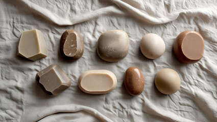 Balanced flatlay composition of handmade soap stones in beige and yellow on a neutral linen backdrop
