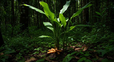 Side-lit scene of wild turmeric plant (Curcuma longa) growing in shaded jungle floor with partially visible rhizome and wide tropical leaves.

