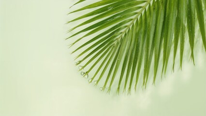 Obraz premium Water droplets cascade against a vibrant green palm leaf creating a natural and pristine setting.