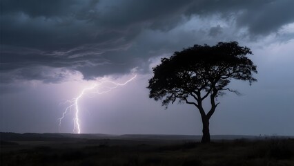 A solitary tree stands silhouetted against a dramatic sky illuminated by a striking lightning bolt.