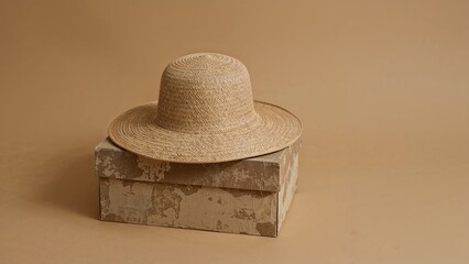 Two beige cardboard boxes and a woven straw hat placed on a textured kraft surface.
