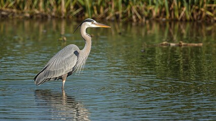 Blue heron wading through a pond in a nature reserve.