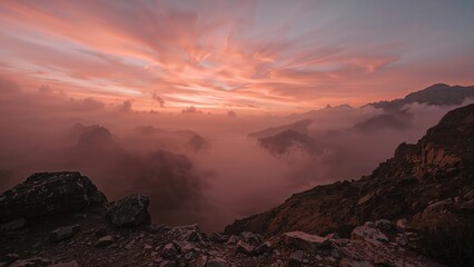 Twilight cast on hazy mountain ranges in a mystical environment