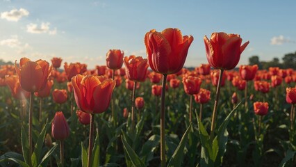 Sunlit Evening Scene of Bright Red Tulips Highlighted by Yellow Borders