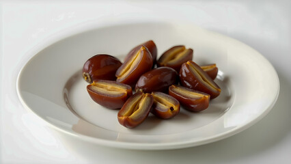 Sliced Dates Showing Interior Flesh and Seed on Clean White Plate