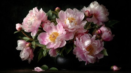 Fototapeta premium Pink peonies in a vase against a dark background, classic still life. Use it to evoke beauty, tranquility, or a touch of sophistication.