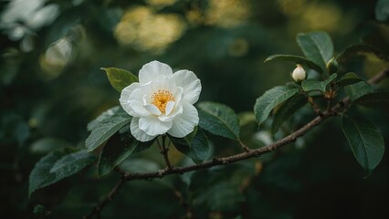Obraz premium An elegant white Camellia bloom crowning the end of a branch.