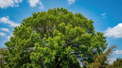 Obraz premium A Verdant Tree Underneath a Blue Sky Scattered with White Clouds
