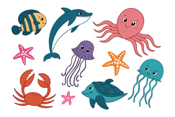 Naklejka premium Aquatic Wonders: A charming collection of marine life, including playful dolphins, graceful jellyfish, starfish, a smiling crab, and a gentle sea turtle.