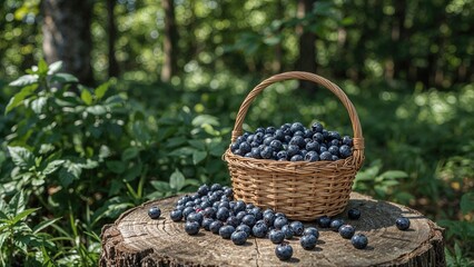Basket filled with fresh wild berries in the woods
