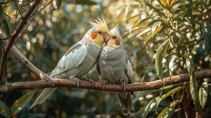 Pair of cockatiels (Nymphicus hollandicus) observed in a bird habitat