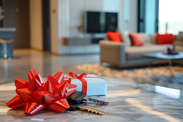 Keys on the table against the background of the living room interior. Buying an apartment, renting or leasing real estate, the process of buying a house, mortgage agreements