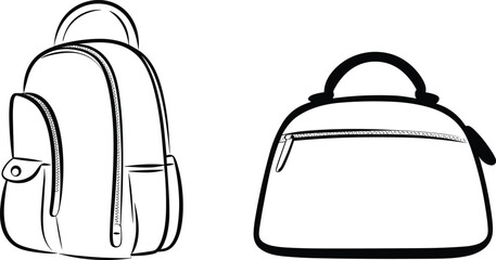 Stylish backpack and handbag, front and back views, fashion accessories, vector illustration, zipper detail, travel gear, purse design, school bag, casual style, graphic sketch