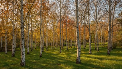 Birch trees glowing in fall light