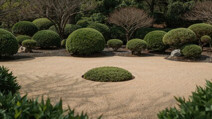 Minimalist sand circle in a serene garden backdrop